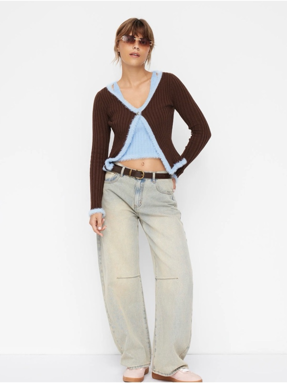 Cider Brown and Light Blue Ribbed Faux-Fur Trim Women's Sweater - Picture 2 of 8